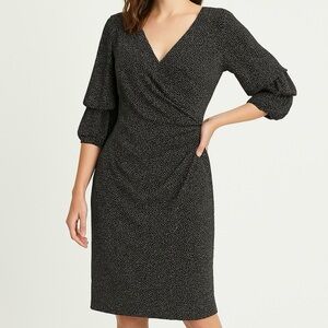 RALPH LAUREN Dress Polka Dot Faux Wrap V-neck Ruching 3/4 Tier Sleeves WHTBLK 6